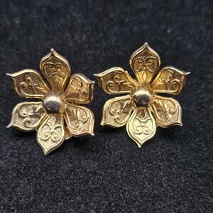 Mario Gold Tone Flower Clip On Earrings Vintage Costume Jewelry